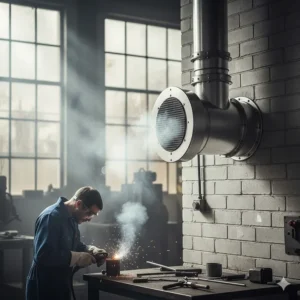 Industrial fan for workshop fume extraction, showing a powerful centrifugal motor designed for air purification.