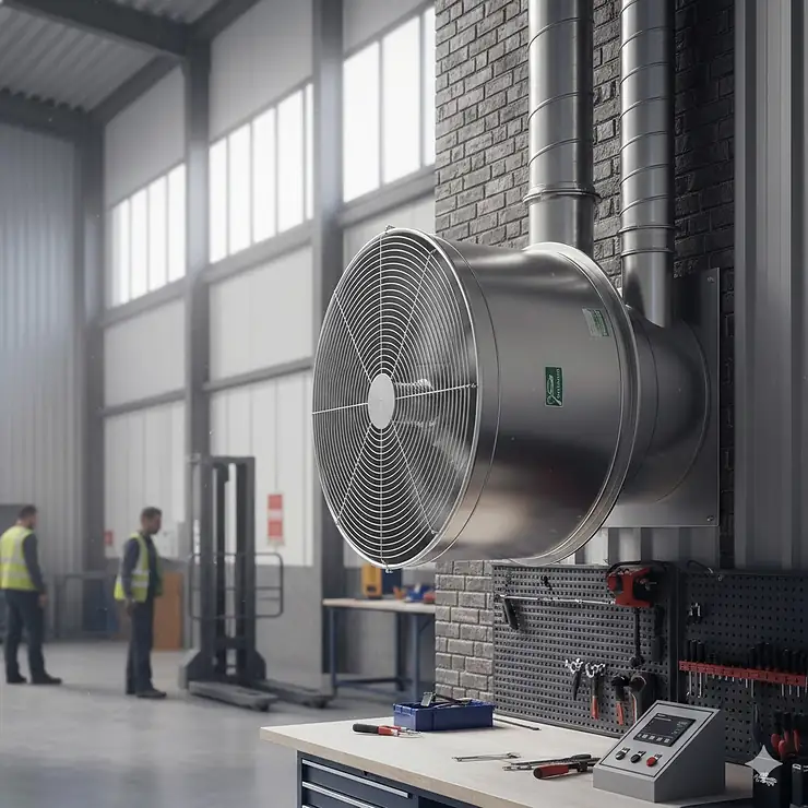 A large wall-mounted industrial fan for workshop ventilation installed in a UK manufacturing facility, showing metal ducting and safety grilles. industrial fan for workshop