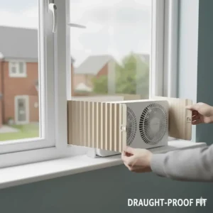 Close-up of adjustable side panels on a window fan ensuring a draught-proof fit in a standard window.