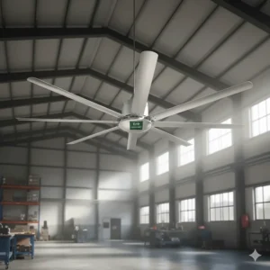 High-volume low-speed (HVLS) industrial ceiling fan for workshop temperature control in a large warehouse.
