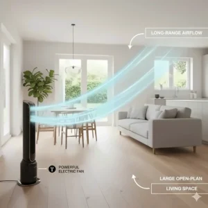Technical diagram showing the long-range airflow of an electric fan across a large open-plan living space.