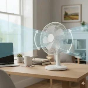 Illustration showing the wide-angle oscillation path of a quiet electric desk fan for better air circulation.