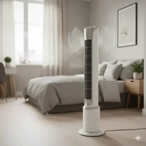 A slim, space-saving oscillating tower fan providing a cool breeze in a UK flat.