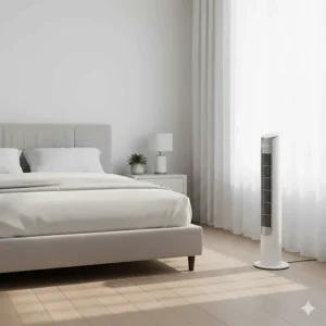 A slim white oscillating tower fan positioned near a bed in a minimalist British master bedroom.