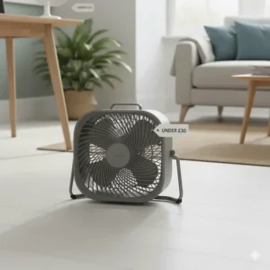 Classic square box fan placed on a wooden floor for effective air circulation.