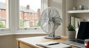 Compact 12-inch chrome desk fan, an affordable electric fan under £50 for a home office, resting on a light-oak desk next to a laptop.