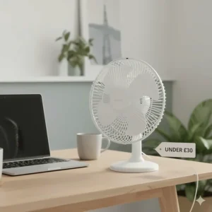 Compact white USB desk fan suitable for a home office setup, priced under £30.