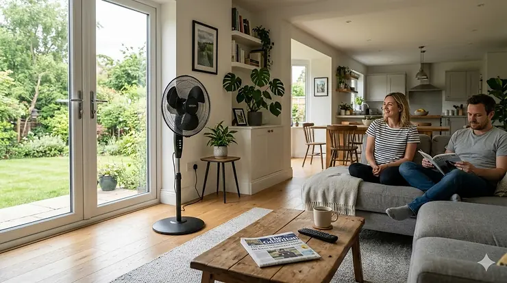 A powerful oscillating pedestal electric fan cooling a large open-plan British living room with garden views. electric fan for large room