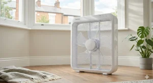 A high-velocity white box fan for floor use, retailing as a budget electric fan under £50, operating on a light-oak floor in a sunlit modern UK living room.