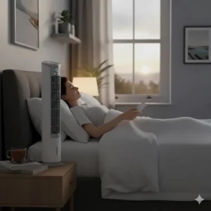 A person using a remote control to adjust a quiet fan for sleeping without leaving their duvet.