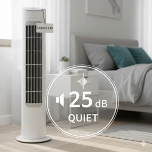 Graphic showing the low decibel noise levels of a quiet cooling fan under £30.