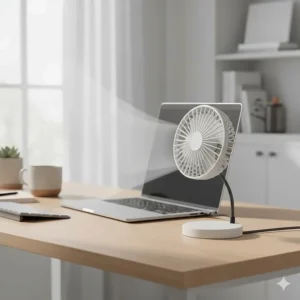 A compact USB-powered electric desk fan positioned next to a laptop in a home office setting.
