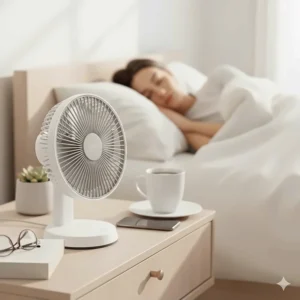 A compact quiet electric fan on a wooden bedside table next to a cup of tea and a pair of glasses.