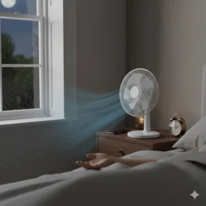 A small, silent electric desk fan running on a bedside table to provide a cool breeze during a UK summer night.