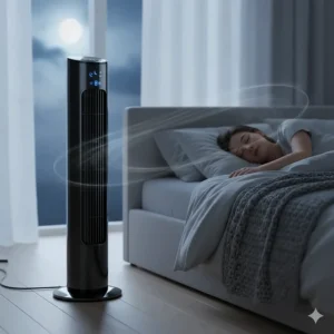 A quiet electric tower fan with a dimmed LED display positioned in a bedroom to help with sleep during humid British nights.