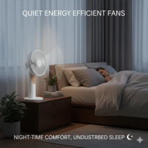 Illustration of a silent, energy efficient fan ideal for night-time use in a British bedroom for undisturbed sleep.