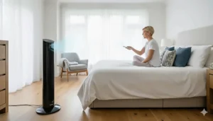 Slimline quiet tower electric fan for a large master bedroom being operated by a remote control.