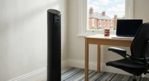 Slim black tower electric fan under £50 with digital display and remote control, positioned on a desk in a modern UK home office.