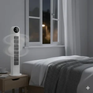 A slim oscillating tower fan with a digital display positioned in a bedroom to provide quiet cooling during a hot night.
