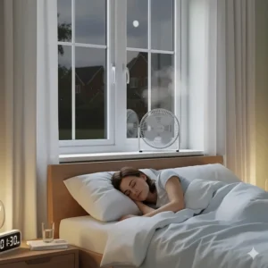 A quiet-running window fan installed in a bedroom to improve air circulation during warm UK summer nights.