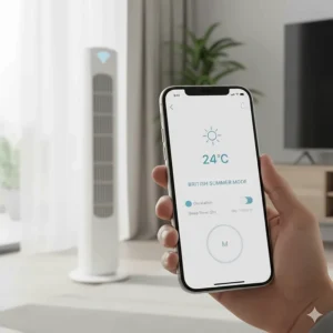 A smartphone app controlling a smart electric fan via Wi-Fi, showing British summer temperature settings.