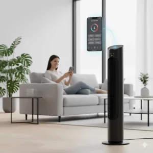 A modern black tower fan for large rooms being controlled via a smartphone app in a contemporary lounge.
