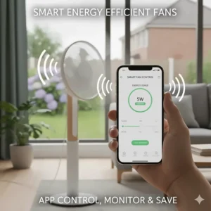 A smartphone app showing energy usage monitoring for a smart-connected energy efficient fan.