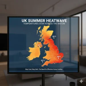 A digital display showing a United Kingdom weather map during a summer heatwave with temperatures soaring across the nation.