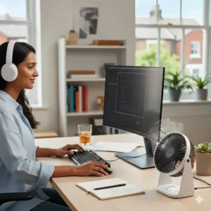 A compact white desk fan helping a remote worker stay cool at a home office desk with a view of British terraced houses.