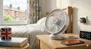 A small rechargeable USB electric fan under £50 on a light oak bedside table in a modern British bedroom, ready for personal use during a UK heatwave.