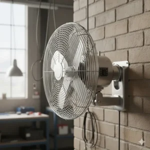 Heavy-duty wall-mounted industrial fan for workshop air circulation with adjustable tilt and three-speed settings.