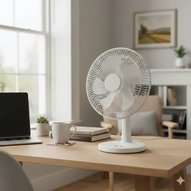 A modern white electric desk fan positioned on a wooden desk next to a laptop in a bright UK home office. electric desk fan