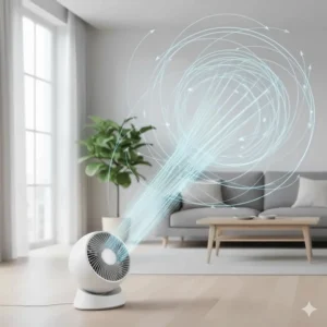 A diagram showing how a high-velocity air circulator fan moves air around a standard UK lounge.