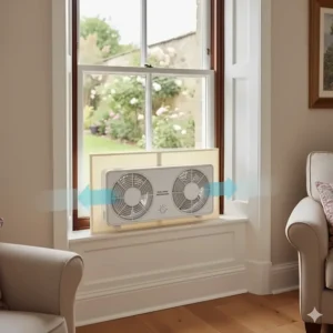 A bespoke window fan for ventilation fitted securely into a traditional timber sash window.