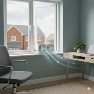 A compact window fan providing fresh air to a small home office setup in a UK flat.