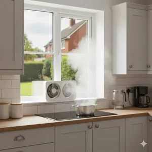 An electric window fan extracting steam and cooking smells from a modern British kitchen.
