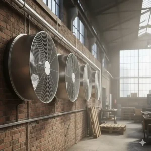 A row of industrial fans for workshop air management installed along a brickwork factory wall in the UK.