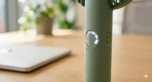 Side profile of a handheld fan showing the speed adjustment button and LED display indicating the medium airflow setting.