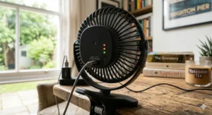 Rear view of a USB clip on fan showing the power button and three vertical LED indicators for the low, medium, and high speed settings.