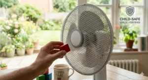 A detailed view of the child-safe mesh grille on a battery desk fan, with an adult hand nearby to show the safety-first design for family households.