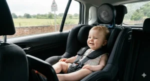 A battery-operated fan clipped to a rear-facing car seat headrest to improve airflow for a toddler.