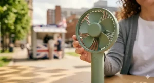 Close-up of the safe-to-touch silicone blades on a battery powered hand fan with a British park in the background.