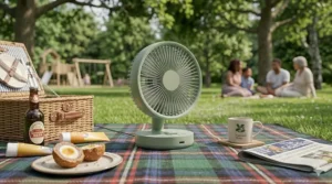 A battery operated fan placed on a tartan picnic blanket in a British park, next to a Scotch egg, ginger beer, and a picnic hamper.