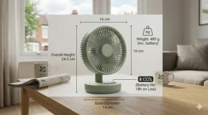 A technical diagram of a battery operated fan with dimensions in centimetres and weight in grams, including battery life specifications.