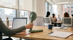 A battery powered hand fan adjusted to stand on a light oak desk in a modern British open-plan office.