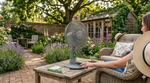 A grey battery-powered fan on a wooden patio table in a British garden with lavender and a garden shed in the background.