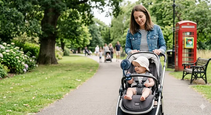 A clip-on battery fan for a pram attached to the bumper bar of a Silver Cross pushchair in a sunny British park. battery fan for pram
