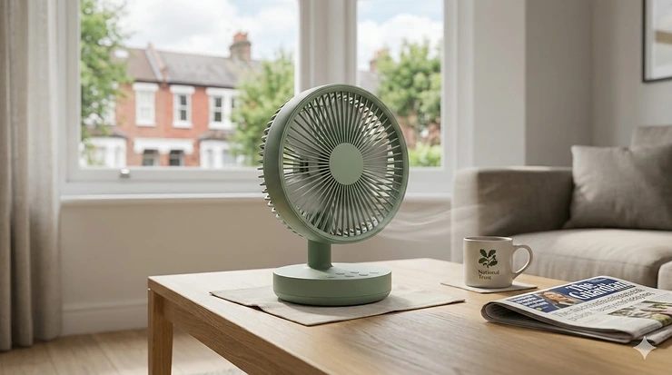 A sleek sage green battery operated fan on a light oak coffee table in a modern British living room with a National Trust mug and newspaper. battery operated fan
