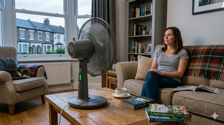 A modern grey rechargeable pedestal fan in a British living room with a view of a terraced street, providing cooling during a power cut. rechargeable fan for power cuts