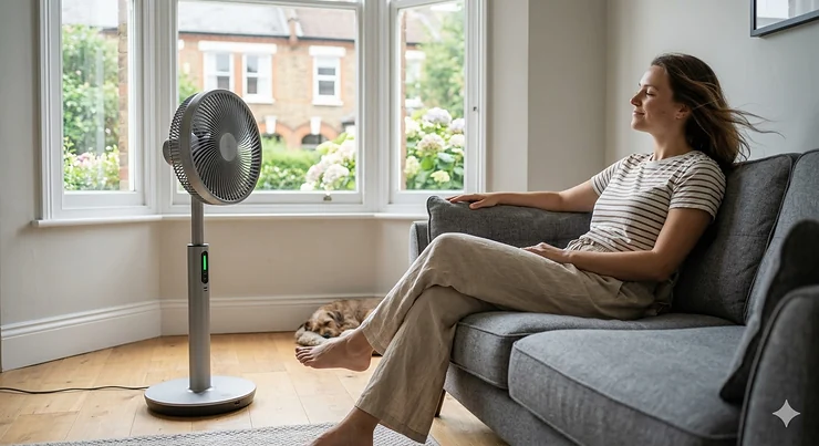 A sleek, modern pedestal rechargeable fan positioned next to a sofa in a bright British living room, highlighting the best rechargeable fan for home use. best rechargeable fan
